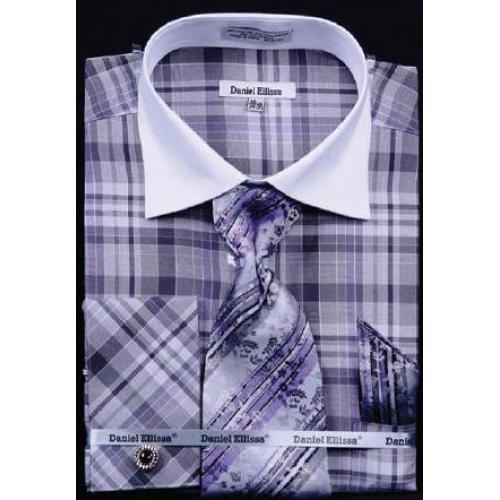 Daniel Ellissa Black / Lilac Checker Pattern Shirt / Tie / Hanky Set With Free Cufflinks DS3772P2
